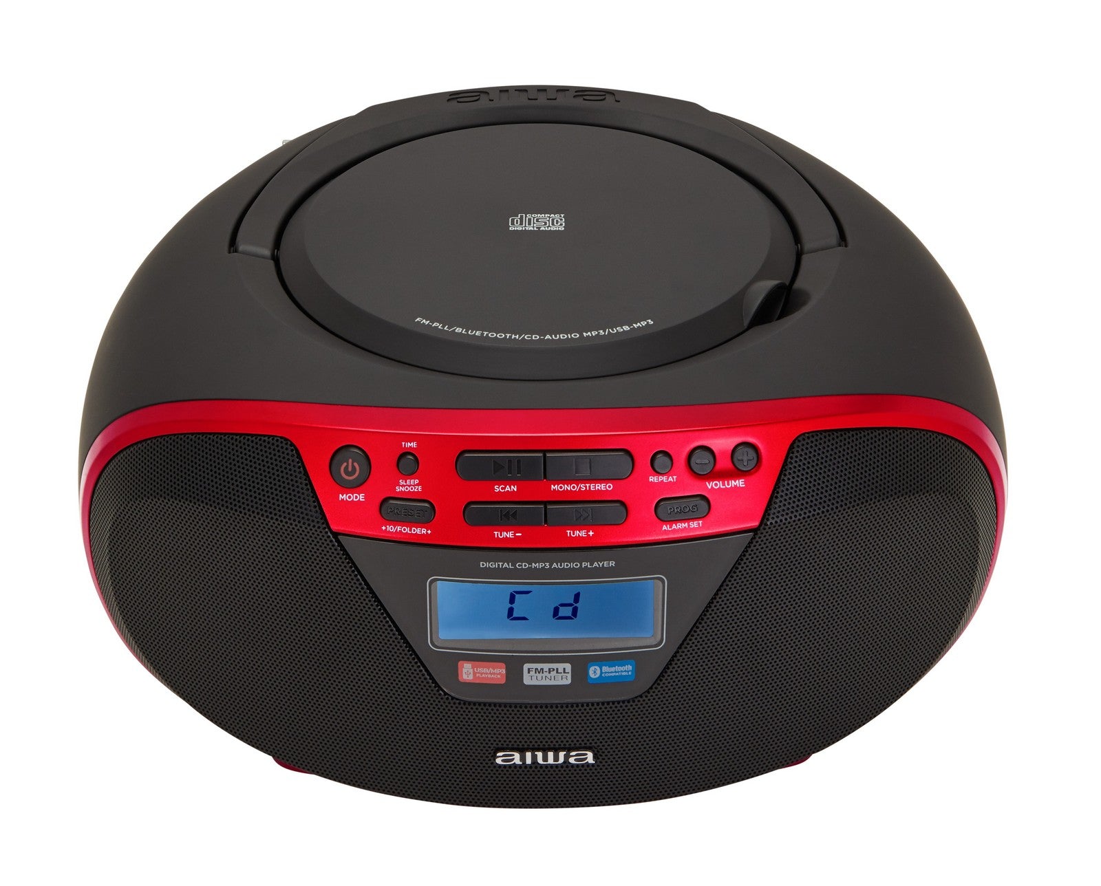 Aiwa BBTU-400RD Hordozható CD rádió, Bluetooth, USB bemenettel, órával és ébresztőórával