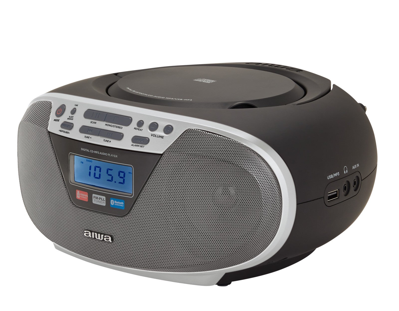 Aiwa BBTU-400SL Hordozható CD rádió, Bluetooth, USB bemenettel, órával és ébresztőórával