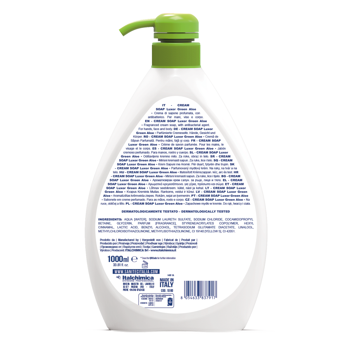 Illatos Aloe Vera antibakteriális krémszappan pumpás adagolóval 1000 ml - Sanitec Cream Soap Luxor Green Aloe 1080