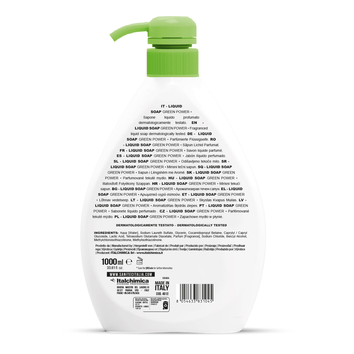 Illatosított folyékony szappan testre, hajra és kézre pumpás adagolóval 1000 ml - Sanitec Liquid Soap Green Power 4015