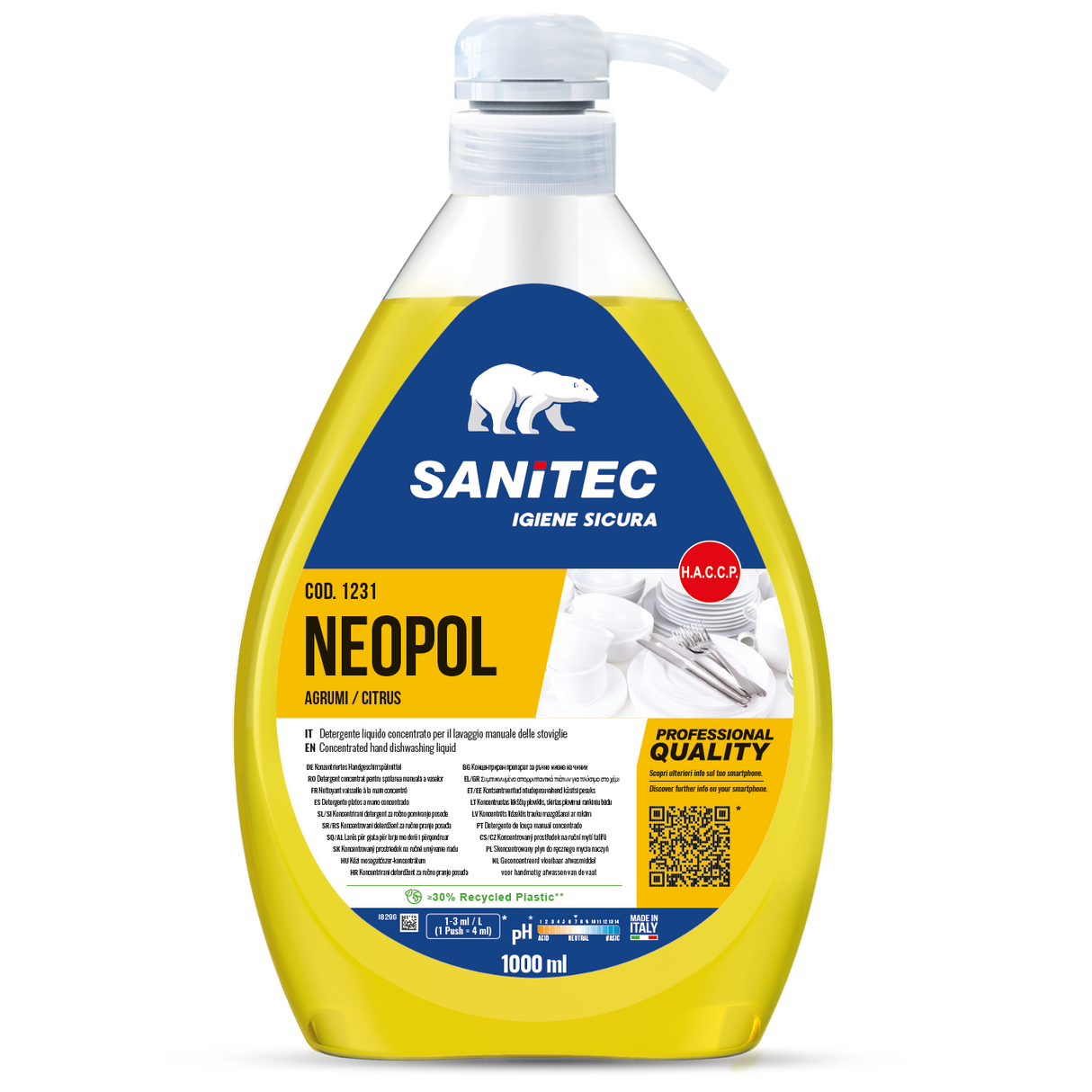 Ultra koncentrált citrusos mosogatógél kézi mosogatáshoz pumpás adagolóval 1000 ml - Sanitec Neopol Citrus 1231