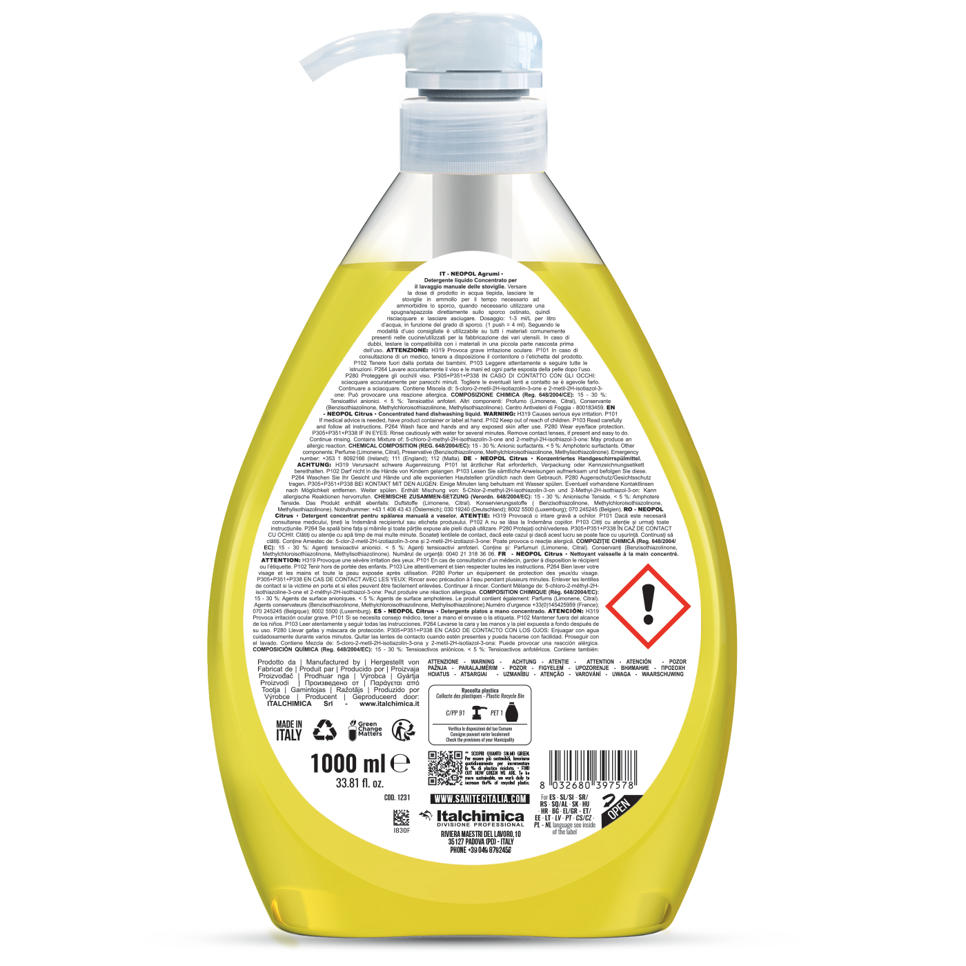 Ultra koncentrált citrusos mosogatógél kézi mosogatáshoz pumpás adagolóval 1000 ml - Sanitec Neopol Citrus 1231