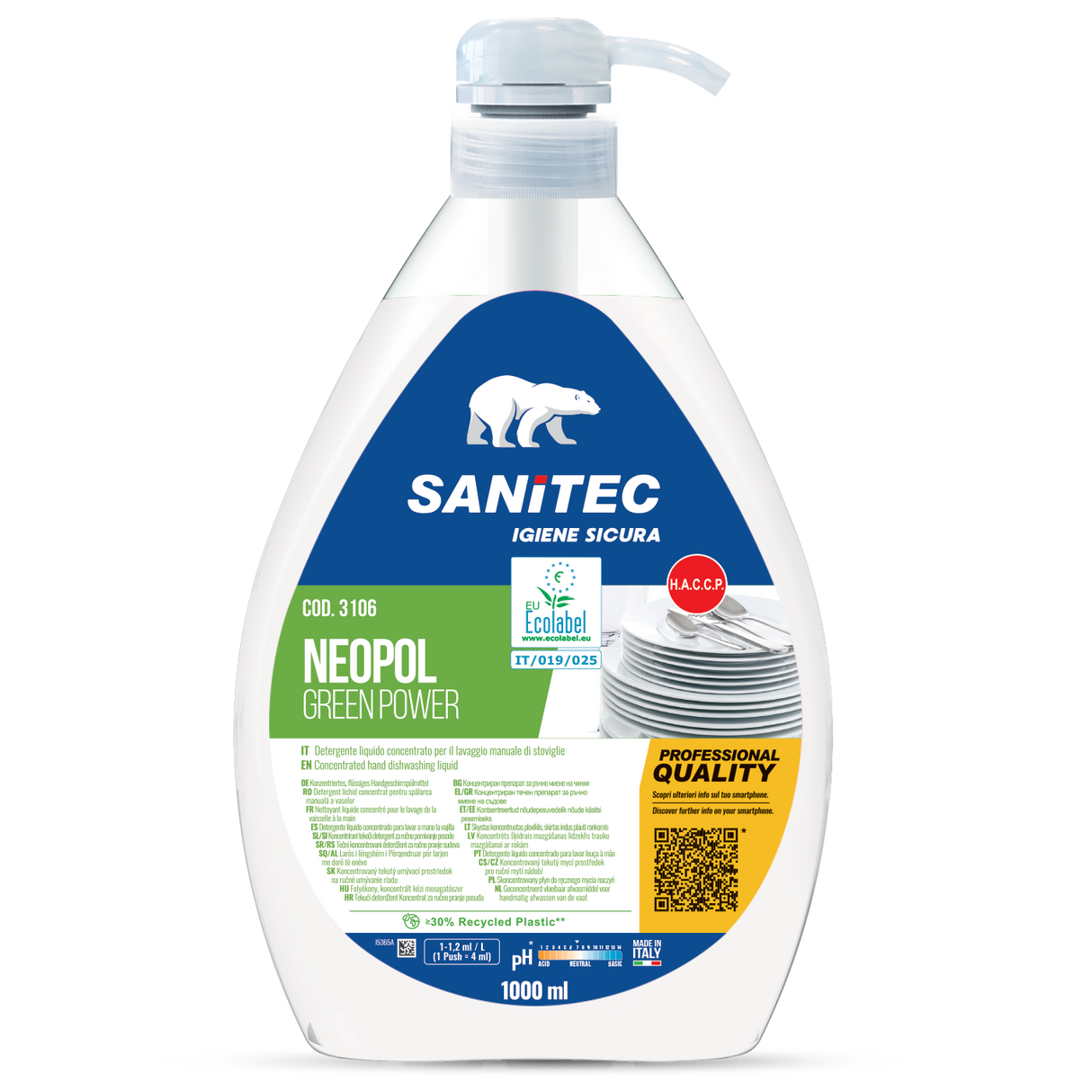 Mosogatógél kézi mosogatáshoz pumpás adagolóval 1000 ml - Sanitec Neopol Green Power 3106