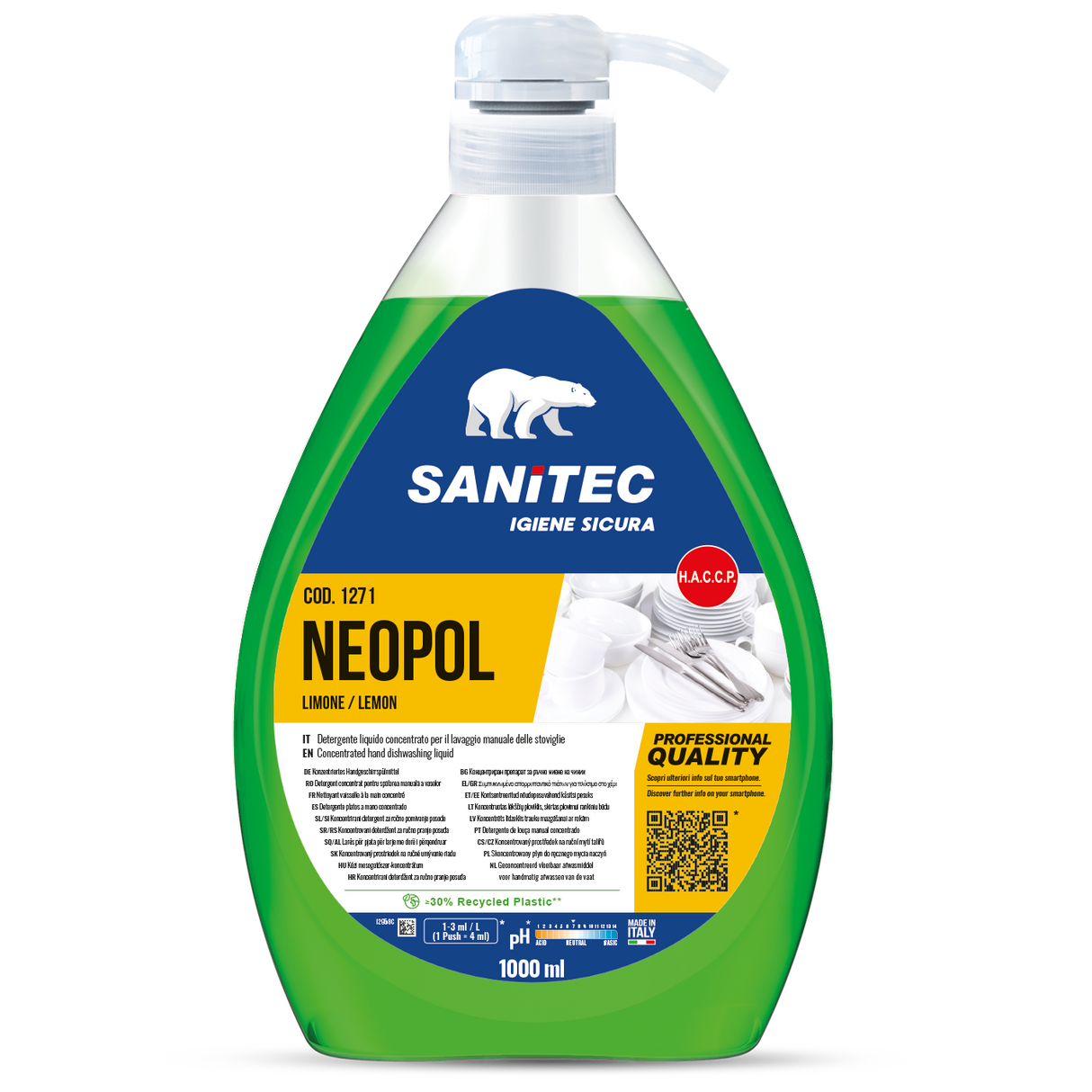 Zöld citromos mosogatógél kézi mosogatáshoz pumpás adagolóval 1000 ml - Sanitec Neopol Lemon 1271