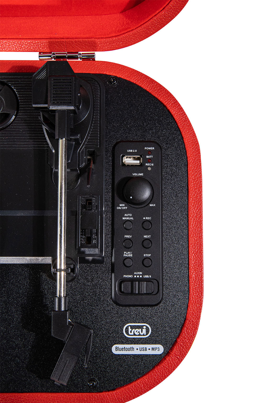 Trevi TT 1020 BT SALLY Red Hordozható retró bakelit lemezjátszó, USB-s zenerögzítéssel, beépített akkuval